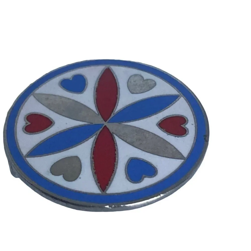 Vintage Pennsylvania Dutch Enamel Hex Pin Brooch Red Blue Hearts Star